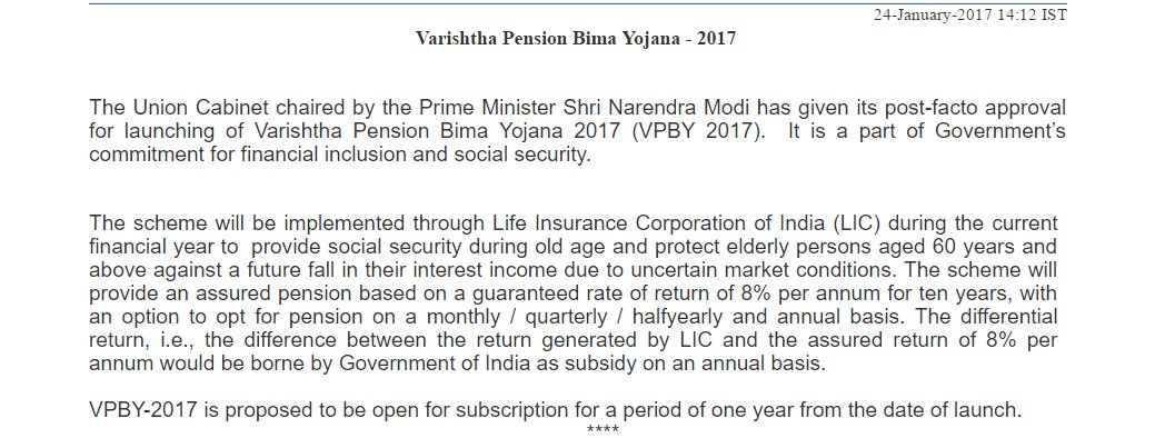 vrk100's tweet photo. @PIB_India #VPBY Varishtha Pension Bima Yojana 2017 aims to give 8% interest to seniors; to be run by LIC of India https://t.co/PzCnMOTKbS https://t.co/XBo1euzheP