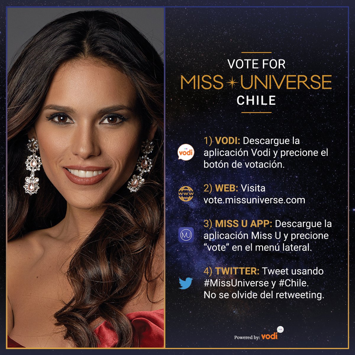 MissUniverse's tweet photo. Voting for #MissUniverse is officially OPEN. RT to vote for Miss Universe #Chile! 

Watch her LIVE: Sunday Jan 29 at 7/6 on @FOXTV. https://t.co/USB0OmVm3c