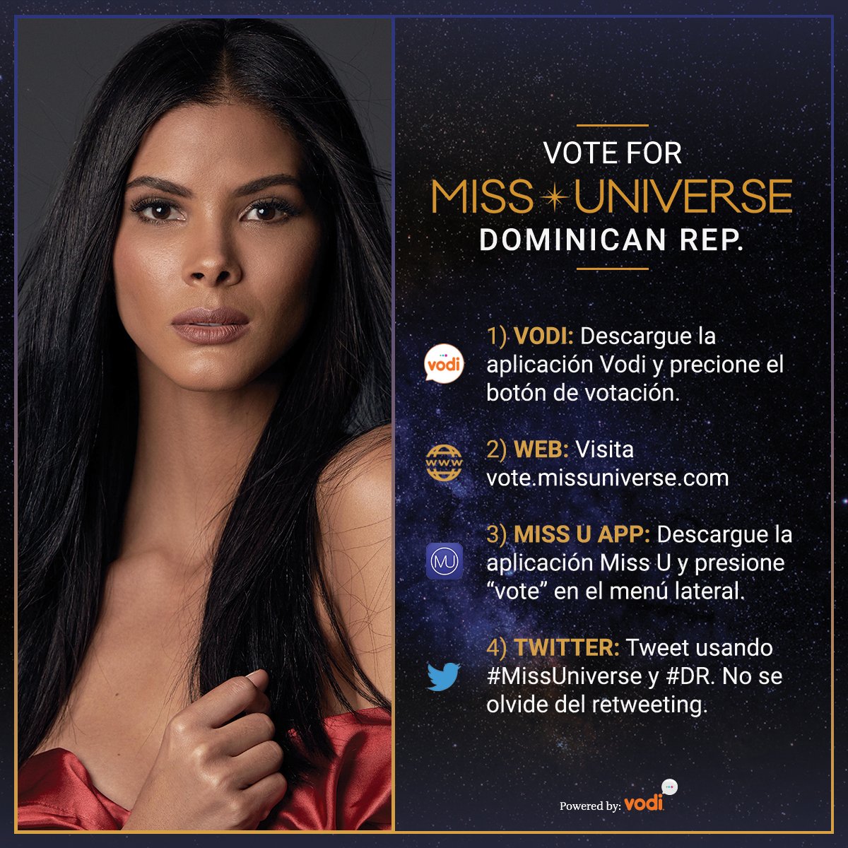 MissUniverse's tweet photo. Voting for #MissUniverse is officially OPEN. RT to vote for Miss Universe #DR! 

Watch her LIVE: Sunday Jan 29 at 7/6 on @FOXTV. https://t.co/NiXTpXD931