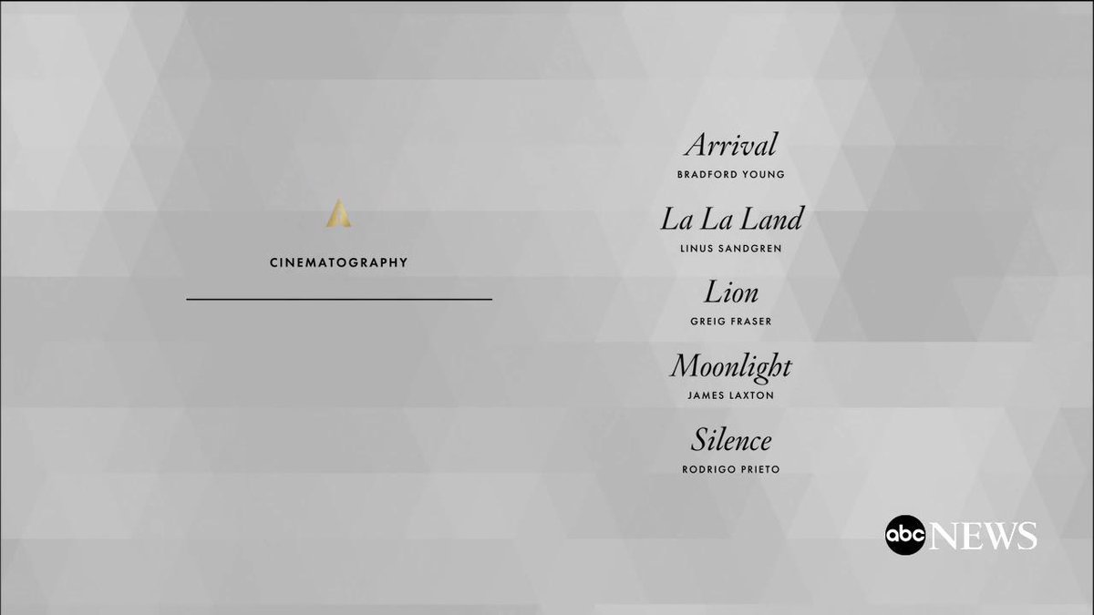 #Oscars Cinematography:
Arrival
La La Land 
Lion
Moonlight 
Silence
#OscarsNoms