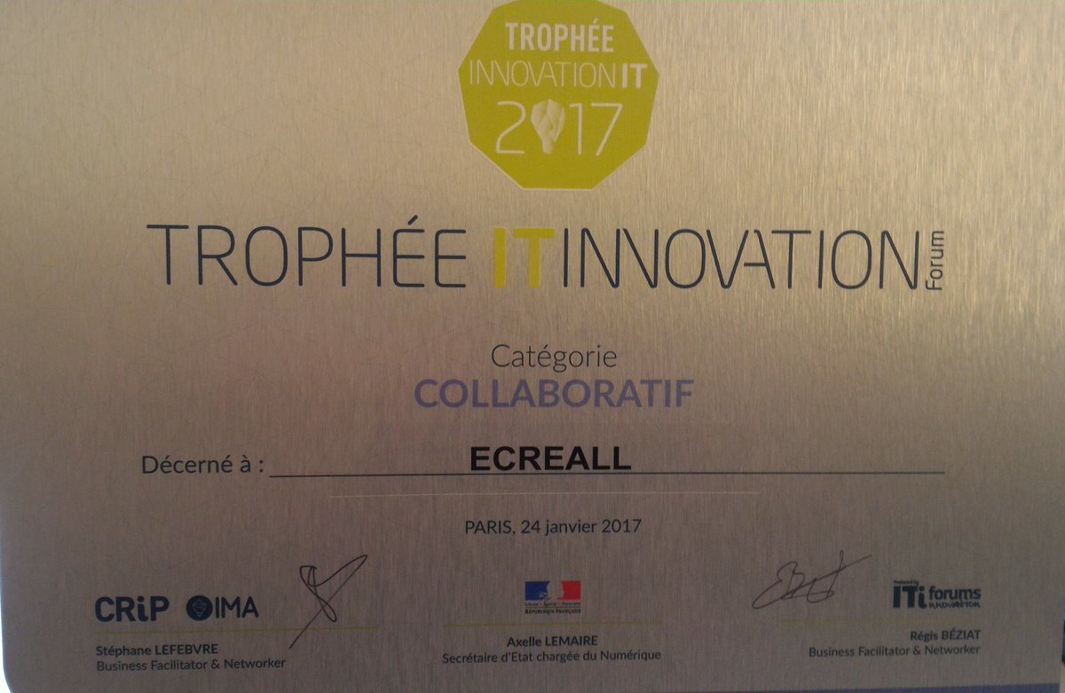 NovaIdeo's tweet photo. La solution Nova-Ideo a été primée à l'#ITinnovationForum, son éditeur Ecréall a été récompensé. https://t.co/tMvf66vqHL