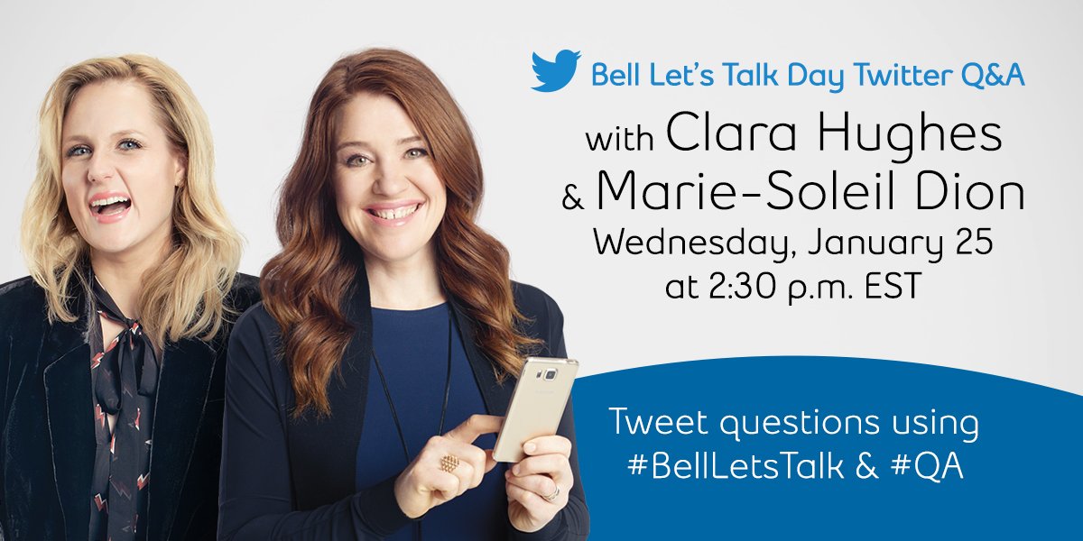 Join @clarahughes &amp; <a href="/mariesoleildion/">Marie Soleil Dion</a> tomorrow @ 2:30PM EST for a #mentalhealth Q&amp;A. Submit your questions now by using #BellLetsTalk &amp; #QA