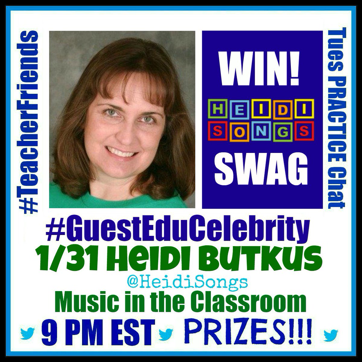 KweezleQueen's tweet photo. #TeacherFriends NEXT: 1/31 Join THE Heidi @HeidiSongs for chat on Music in the Classroom! Bring a friend. Please ReTweet! https://t.co/JiXx9TAz3D
