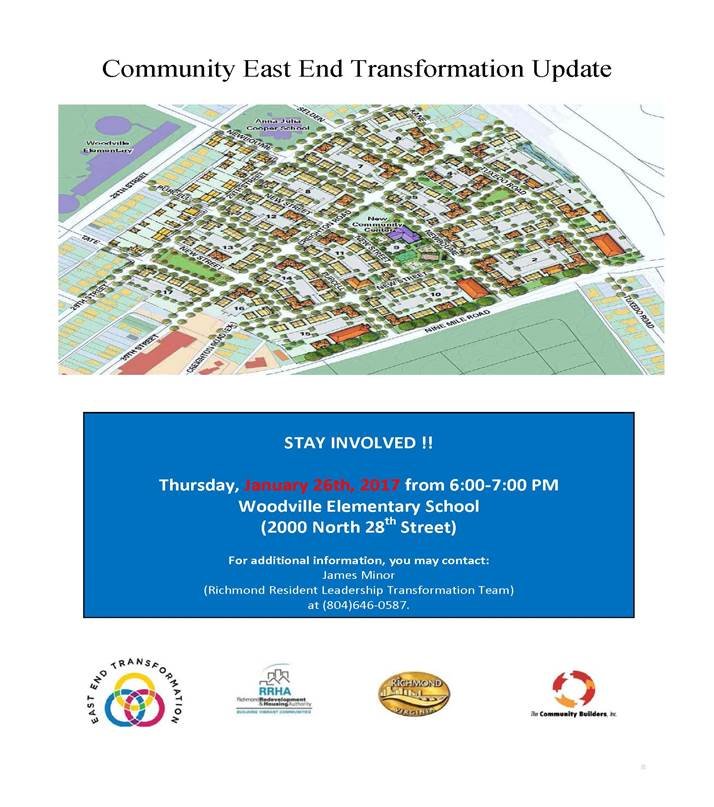 This Thurs <a href="/VibrantRRHA/">RRHA</a> <a href="/CityRichmondVA/">City of Richmond, VA</a> #TheCommunityBuilders to present updates on the East End Transformation process. Woodville ES 6pm