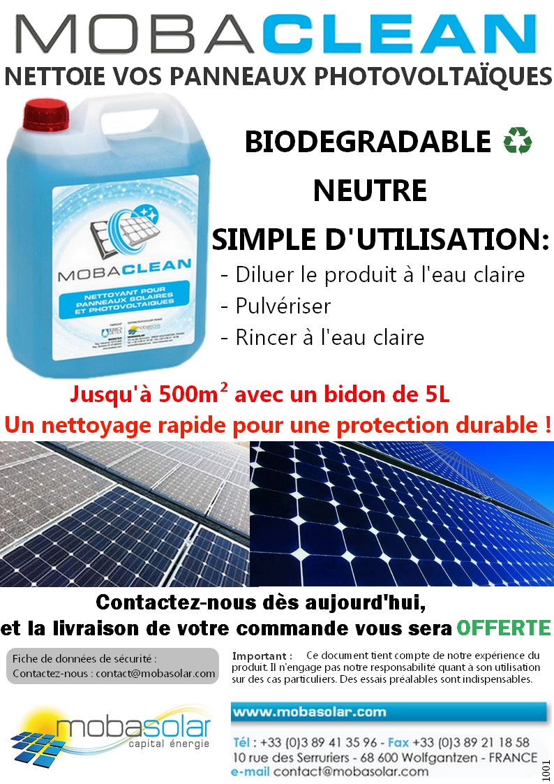 mobasolar's tweet photo. Nouvelle année, nouveaux produits !
MOBASOLAR vous annonce la commercialisation de sa gamme de produits de nettoyage : MOBANET &amp; MOBACLEAN. https://t.co/WXLbIPkf28