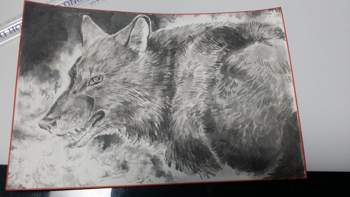 黒い狼が好きで黒い狼になりたいので黒い狼を描こうと思い黒といえば墨だろと墨で狼を書いてみた、うまくいけばアートフェスで販売を予定中 