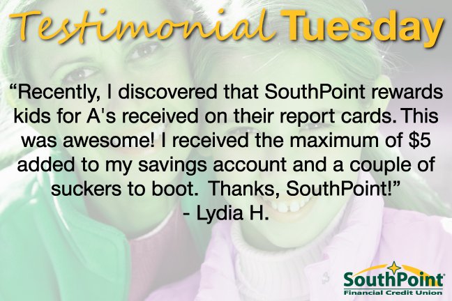 SouthPointFCU's tweet photo. We love helping our youngest members save money! #TestimonialTuesday #SouthPointDifference https://t.co/6IyT4hRTFO https://t.co/b9vAUtYThf