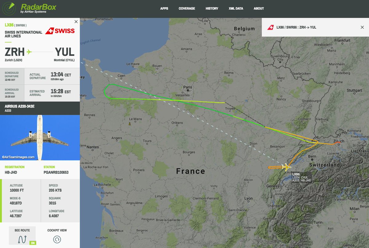 AirNavRadar's tweet photo. Swiss #LX86 to Montreal is returning to Zurich - reason unknown https://t.co/hrBljKUBQ8 https://t.co/5OUq6CSRSu
