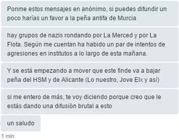 LorcaAntifa's tweet photo. Zona de la Merced y La Flota en Murcia, difundid esto compañeras! Están agrediendo a gente por la zona! https://t.co/yTp3sMScAp