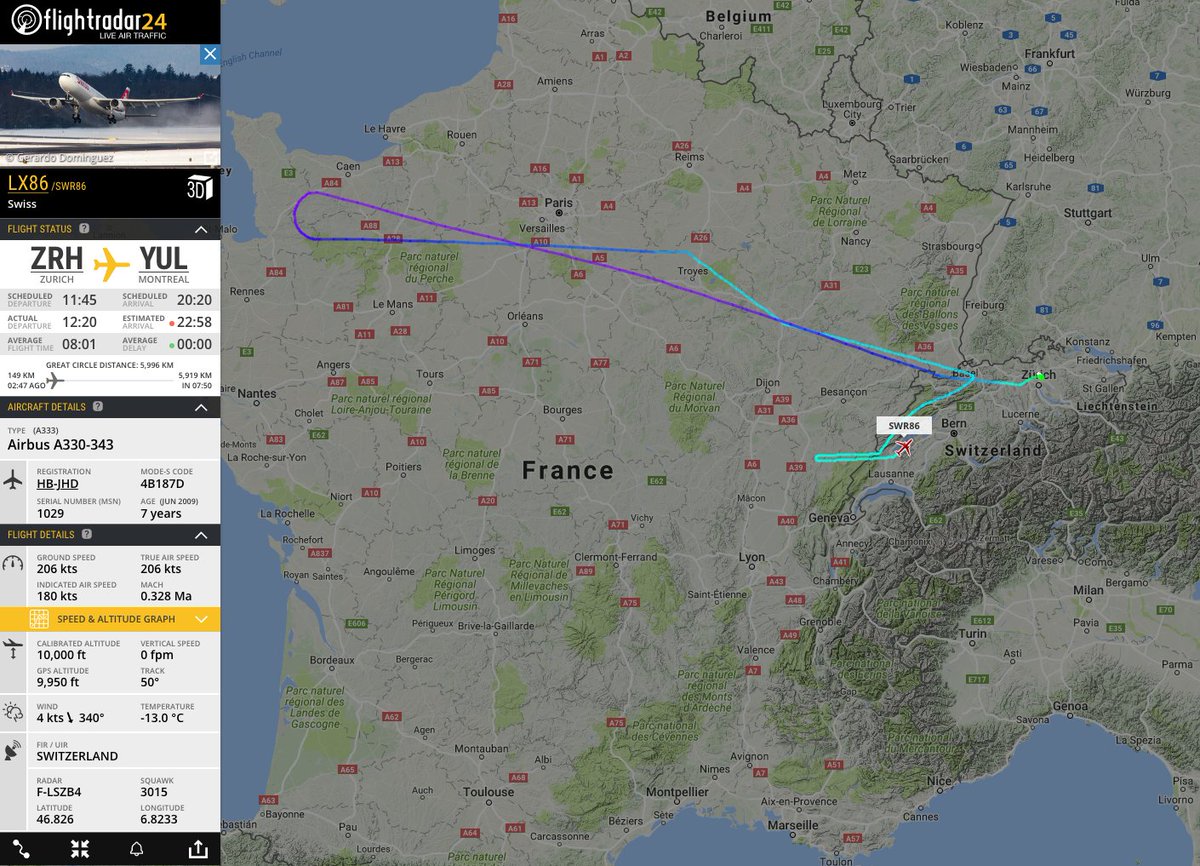flightradar24's tweet photo. #LX86 now turning back towards Zurich after tracking towards Geneva for a short time. https://t.co/0Bnhqw7bwU https://t.co/6mzLCs5Mkz