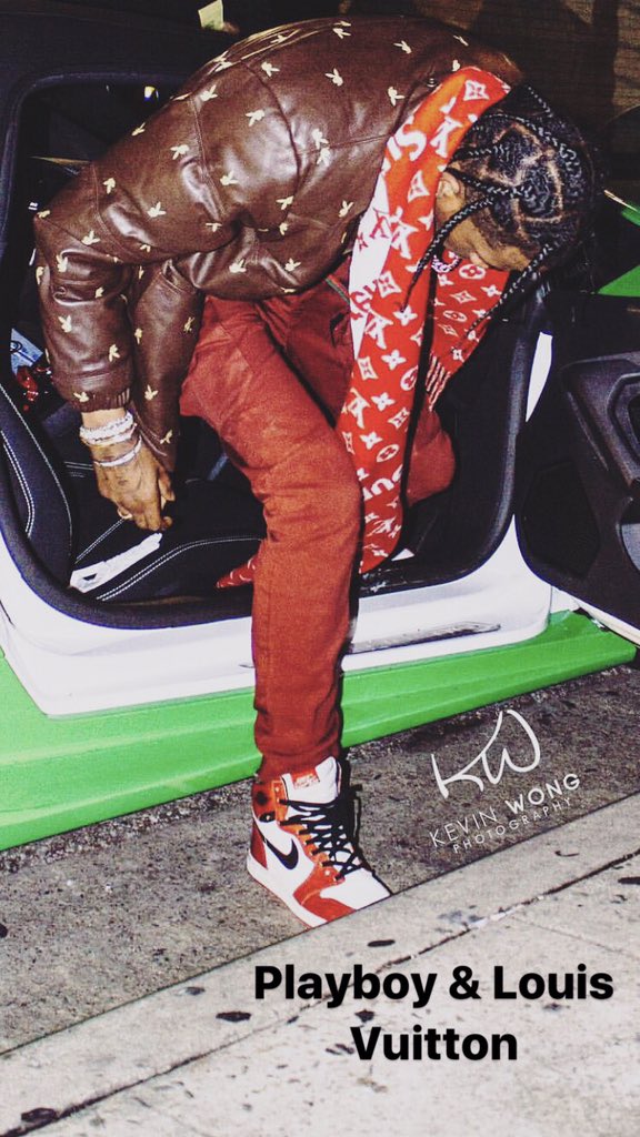 MRBLD on X: Travis wearing the Supreme/Playboy Leather Jacket and the LV  Monogram Scarf  / X