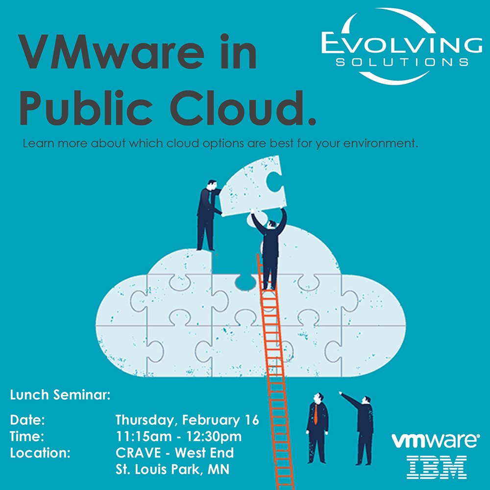 EvolvingSol's tweet photo. Join us Feb 16th over lunch &amp; learn how VMware can extend into your public cloud to improve management. Register: https://t.co/YE8RUsXdwC https://t.co/Im9OENs6SK