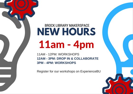 brock_library's tweet photo. Our @BrockMakerSpacehas expanded hours this term.
#brocklibmakes #youcandoit
P.S. Resources & Equipment will soon be avail. to borrow! https://t.co/iqmiCmw2do