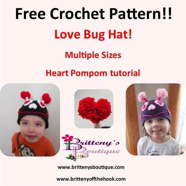 BritsBoutique's tweet photo. The Love Bug Hat Pattern is now FREE on my blog! Spread the news!! #Freecrochetpattern #Valentines2017 #crochethat https://t.co/H5wEbayMoi https://t.co/yRqaTjewUs