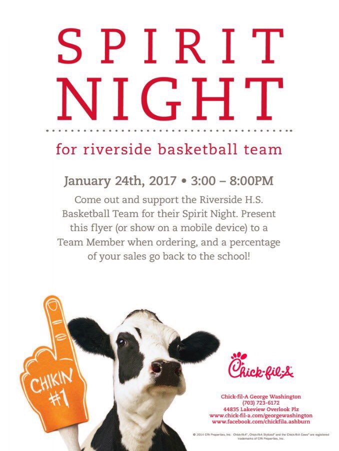 Show up to Riverside Basketball Chick-Fil-A Night tonight to support the program! 3-8pm at the Chick-Fil-A off Loudoun County Parkway! 🏀🐑🏆🐔
