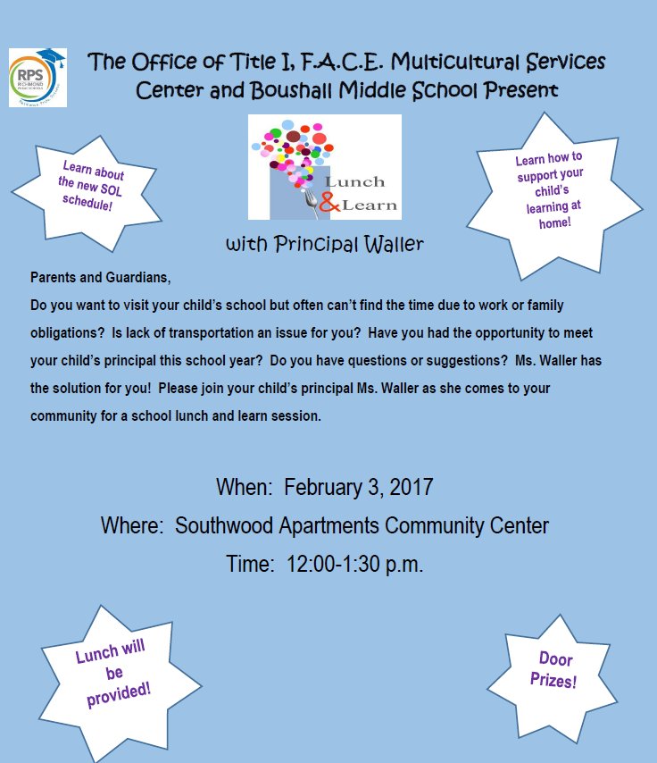 RPS_Schools's tweet photo. Lunch and Learn with Principal Waller of Boushall MS - February 3 #WeAreRPS https://t.co/LDuDoKu9GK