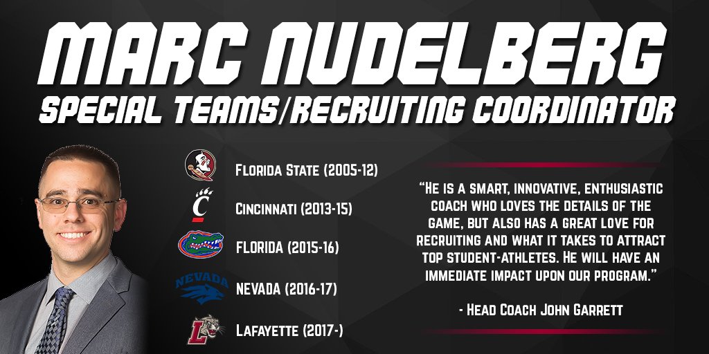 Lafayette Football (@lafcolfootball) on Twitter photo .<a href="/CoachJMGarrett/">John Garrett</a> tabs <a href="/CoachNudelberg/">Marc Nudelberg</a> as Lafayette Recruiting and Special Teams Coordinator...gopards.co/2koaigf .<a href="/CoachJMGarrett/">John Garrett</a> tabs <a href="/CoachNudelberg/">Marc Nudelberg</a> as Lafayette Recruiting and Special Teams Coordinator...gopards.co/2koaigf
