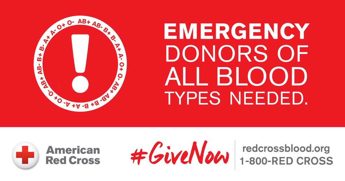 #RedCross critically needs blood/platelet donors to #GiveNow so patients continue to receive needed treatment. rcblood.org/appt