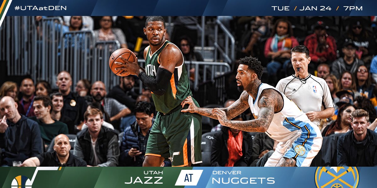 🏀: #UTAatDEN 📺: @ROOTSPORTS_RM 📻: @1280sports 📱: Jazz App 🕖: 7pm MT  #TakeNote https://t.co/vLHHRnYl8v