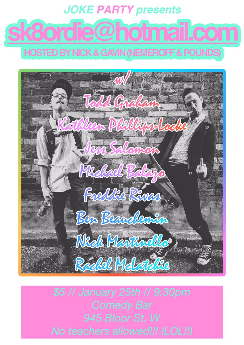TheJokeParty's tweet photo. Tomorrow night @comedybar @ 9:30pm = sk8ordie@hotmail.com (Nick &amp; Gavin wrote a fringe play) 🎟🎭

https://t.co/WwsYck8tZL https://t.co/PEe8KlPZLU