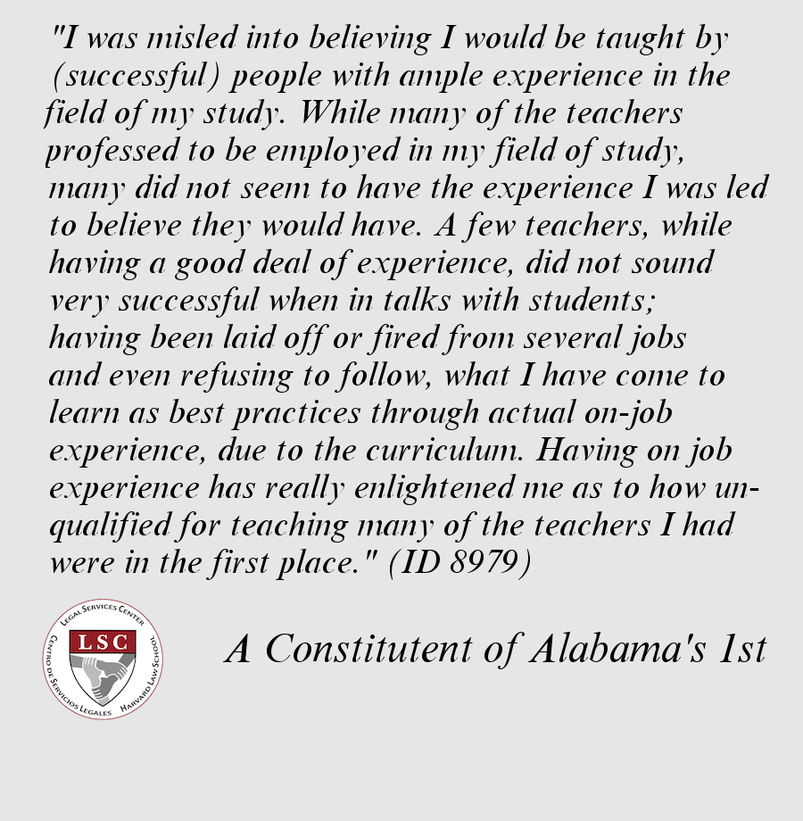 LSCatHarvardLaw's tweet photo. @RepByrne Testimony abt #TheRealITT frm your constituents RT @USEdGov if you support ITT students #4Profit https://t.co/ZFesFCh65C https://t.co/9NIkUmLrOL