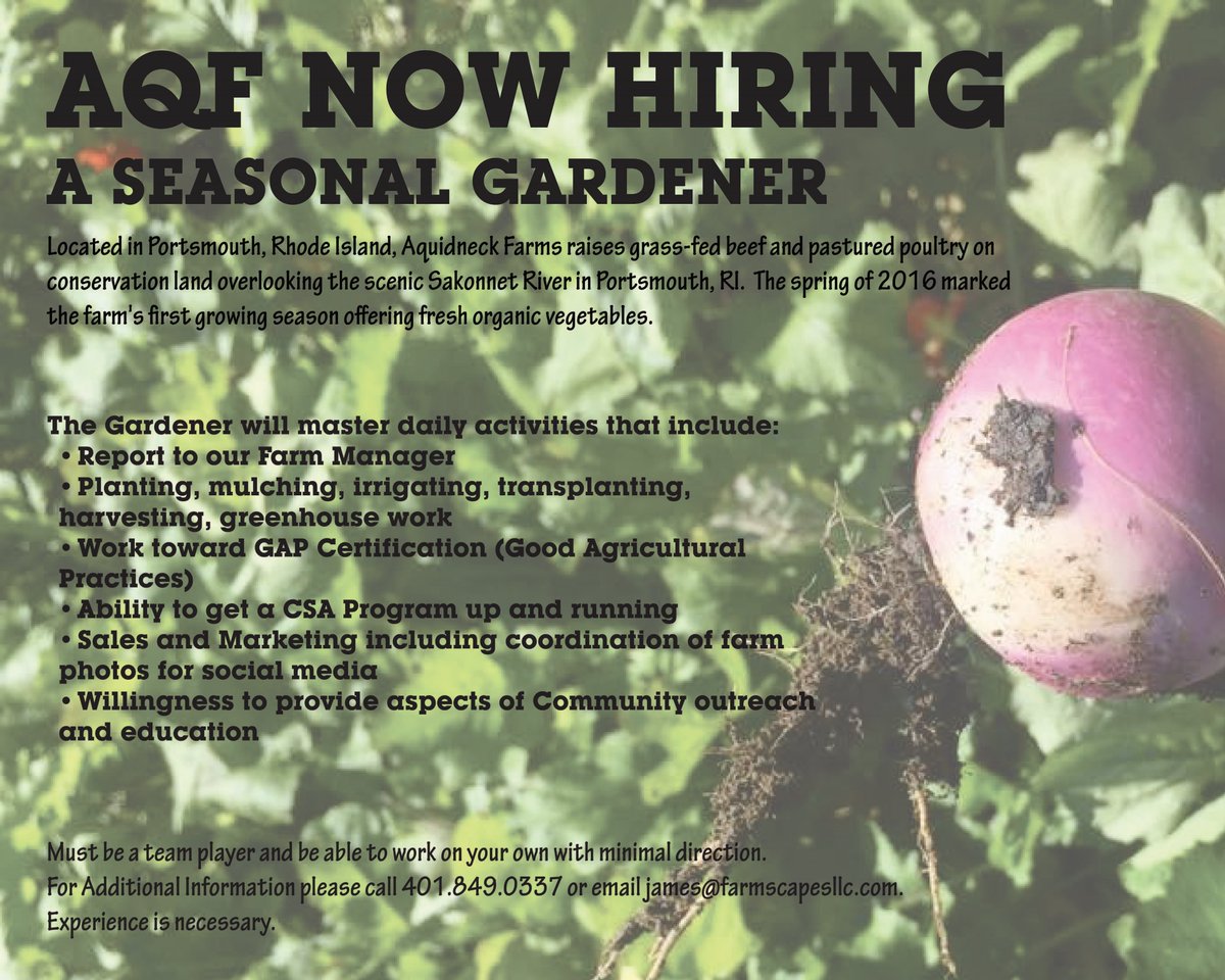 AquidneckFarms's tweet photo. Hey did you hear???? AQF Is Hiring :)
#RI #rhodeisland #openposition #Jobs #JobSeekers #gardening #401Local #aquidneckisland https://t.co/ONmeowd9m7