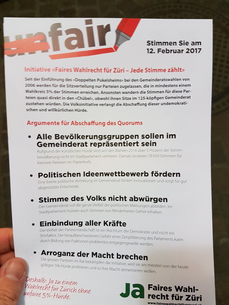 Auch Mitglieder von der #glp flyern gerade für ein #fairesWahlrecht in #Züri. Gegen die 5%-Hürde. #12Feb #Abst17 #VoteZH