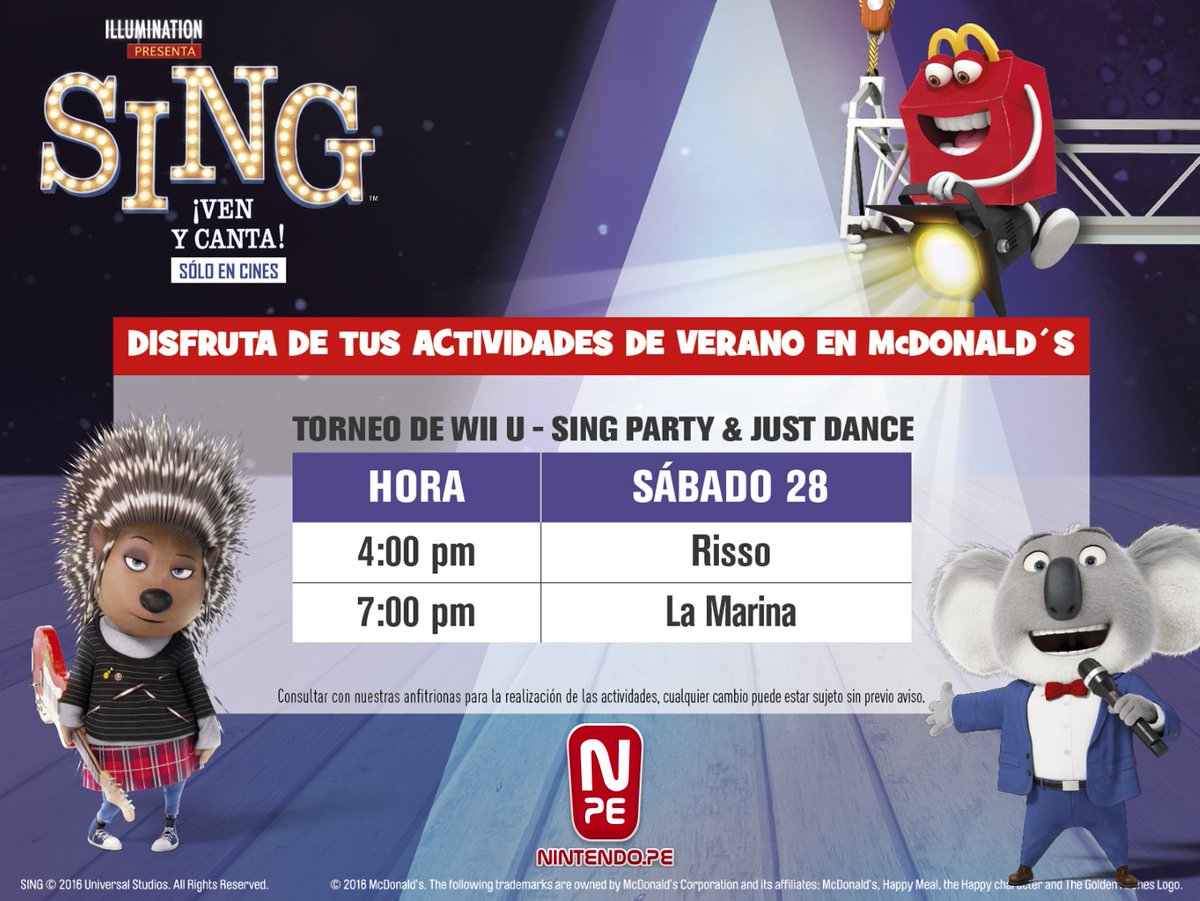 Nintendo_Pe's tweet photo. ยกEste sรกbado 28 es la รบltima fecha de los torneos de #JustDance y #SingParty en @McDonalds_PER! Locales: Risso y La Marina. #SingVenYCanta https://t.co/QwaZshOJwV