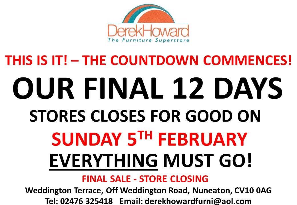 RFClassicInt's tweet image. FINAL DAYS! Make sure you get to Derek Howard's for some great savings, everything must go!! #nuneaton #sale #furniture