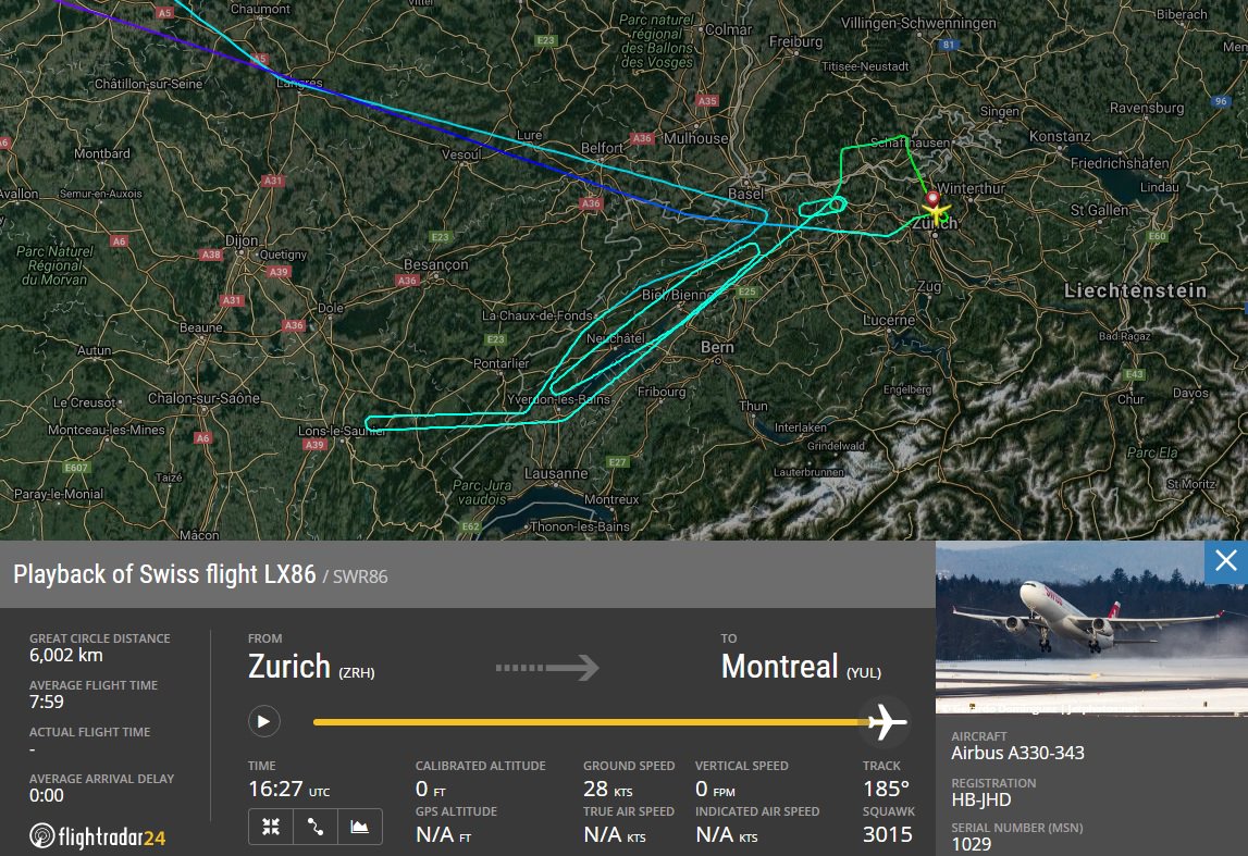 AirportWebcams's tweet photo. UPDATE: SWISS #LX86 Zurich-Montreal (A330 HB-JHD) ret. to ZRH due 'technical reasons' (apparently engine vibration). https://t.co/bIsIHNhlSm https://t.co/BQnOPwJfpj