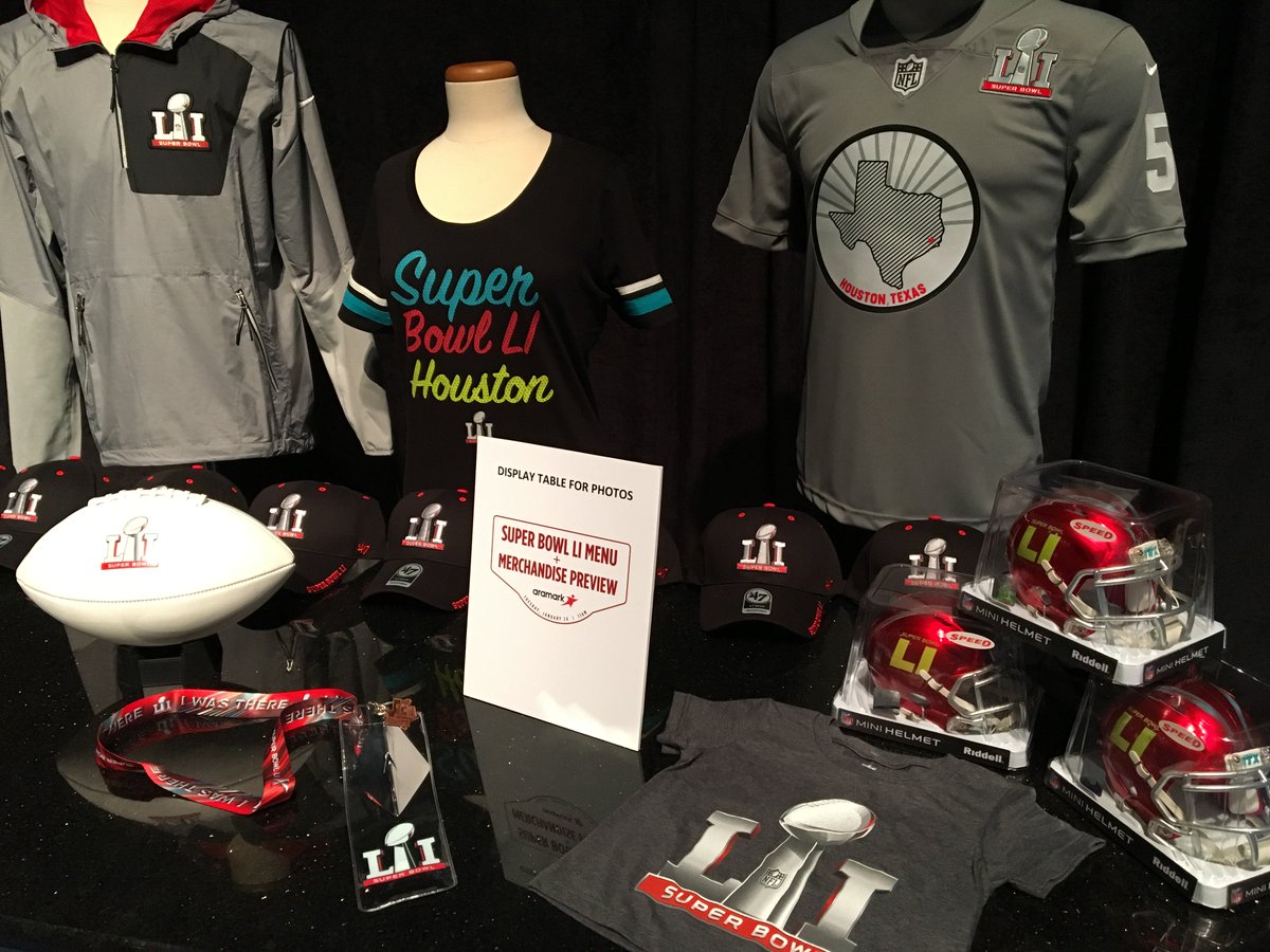 HFNewsNetwork's tweet photo. .#HouNews Super Bowl LI merch on display @GRBCC during @Aramark's menu and merchandise rollout. @HouSuperBowl @HouSuperBowl_Es https://t.co/bH5wu1312Q