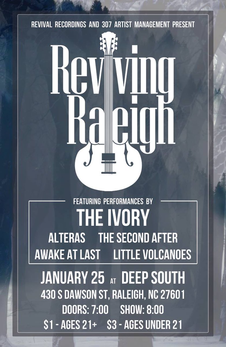 Come hang with us tomorrow in Raleigh, NC for the next <a href="/RevivingRaleigh/">Reviving Raleigh</a> event!
@AlterasBand <a href="/theivoryartist/">The Ivory</a> <a href="/TheSecondAfter/">The Second After</a> <a href="/LittleVolcanoes/">Little Volcanoes</a>