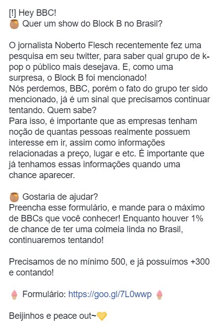 zicovabrasil's tweet photo. [🍯] Hey BBC, ajude a trazer o Block B para o Brasil!
Quando a chance aparecer precisamos estar prontos!

Formulário: https://t.co/INwParSFEm https://t.co/SjUVE3O2Ua