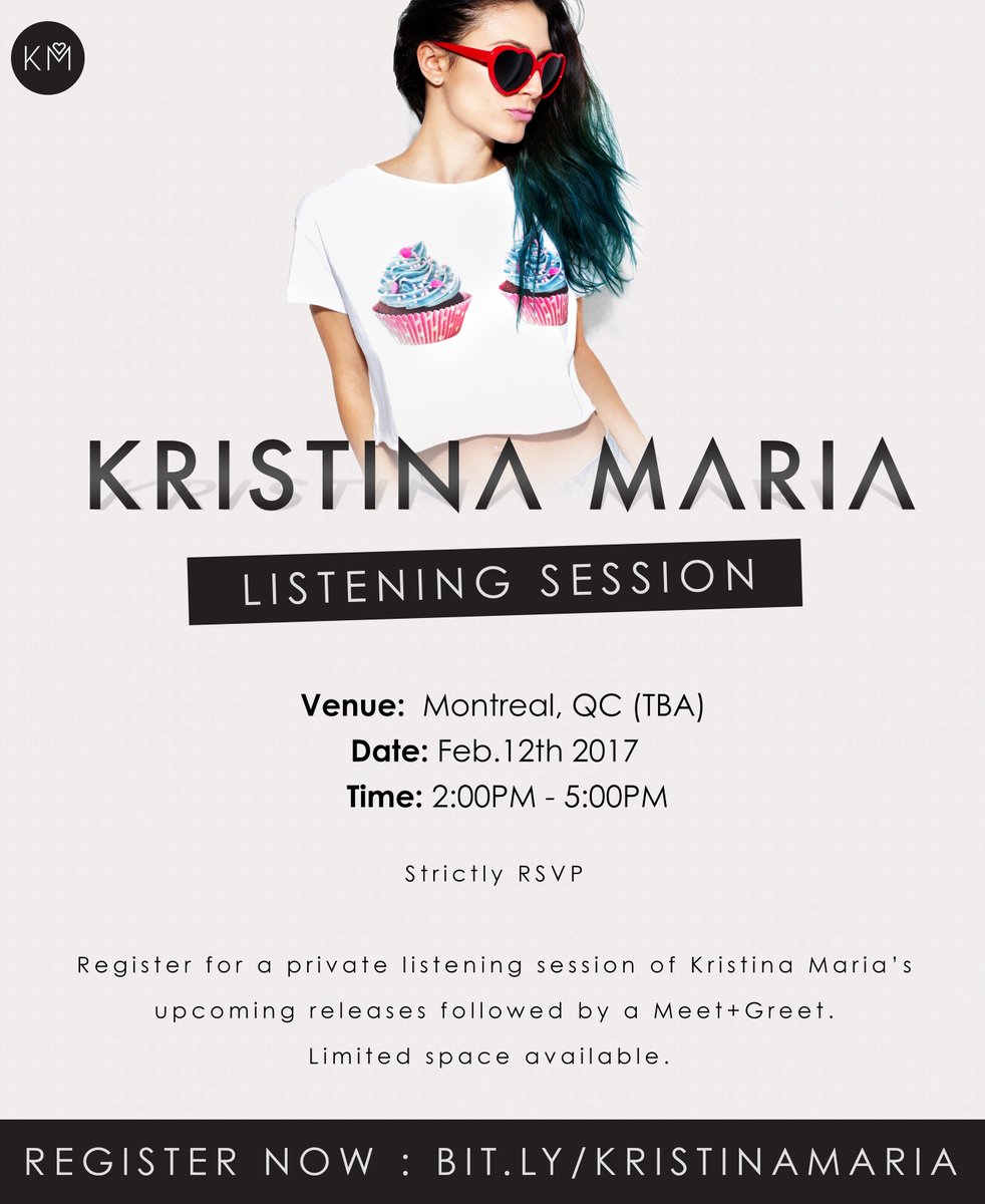 kristinamaria's tweet photo. Come join me for a private listening session of my upcoming tracks and Meet &amp; Greet in Montreal, QC! Register now! https://t.co/aTmA6dylWd https://t.co/m3qeZRP5RW
