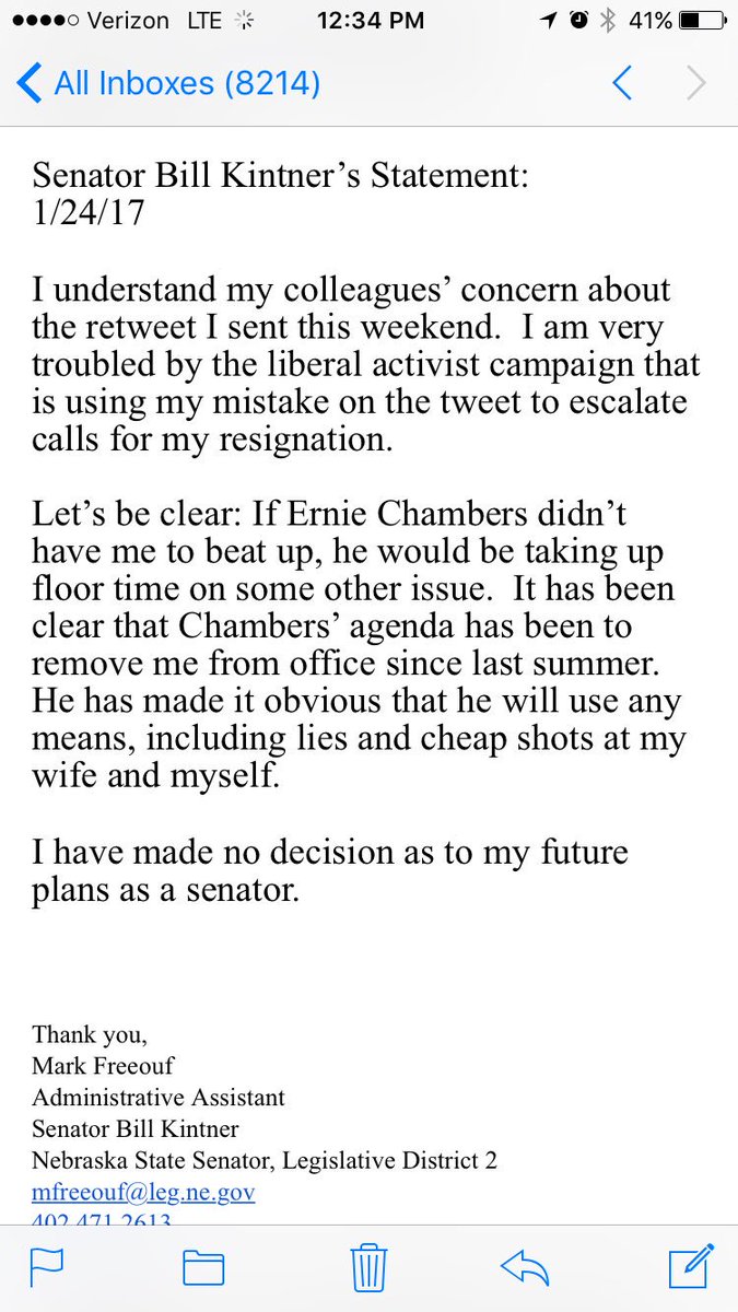 emnohr's tweet photo. Statement from Sen. Kintner: "I have made no decision." #neleg https://t.co/KxUedmwzbZ