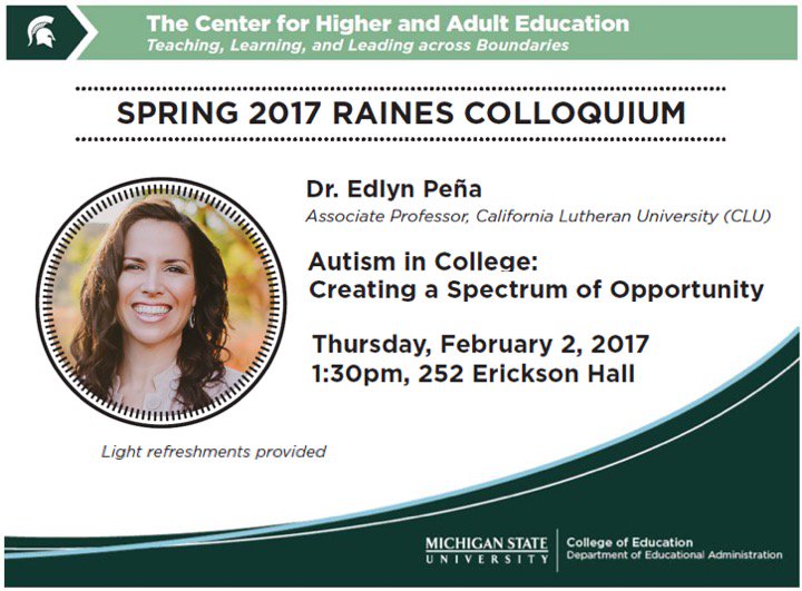 msusaa's tweet photo. Please join us Feb 2 for Spring Raines Colloquium, featuring Dr. Pena!  #RainesCoSpring17 @HALEatMSU https://t.co/u322goajla