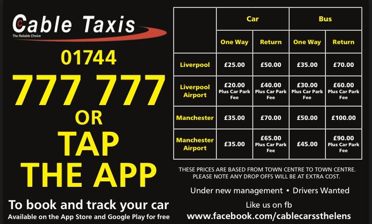 CableTaxis's tweet image. Check out our Liverpool and Manchester set prices! #sthelens
