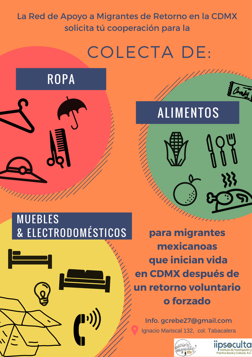 IIPSOCULTA's tweet photo. #Colecta de #ropa, #comida, muebles y electrodomésticos en apoyo a #Mexican #migrants de retorno voluntario o forzado. #apofam #MurosNo https://t.co/iZgC4R4A9e