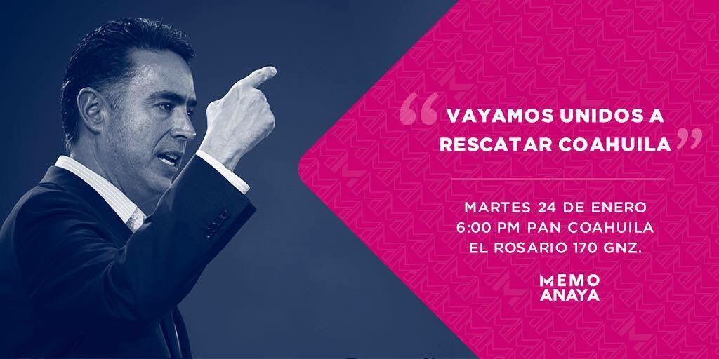 memo_anaya's tweet photo. #RT Hoy me registro como precandidato a la gubernatura de #Coahuila. Los espero a las 6pm en El Rosario 170

¡Unidos cambiaremos Coahuila! https://t.co/3Qx9CyCMUi