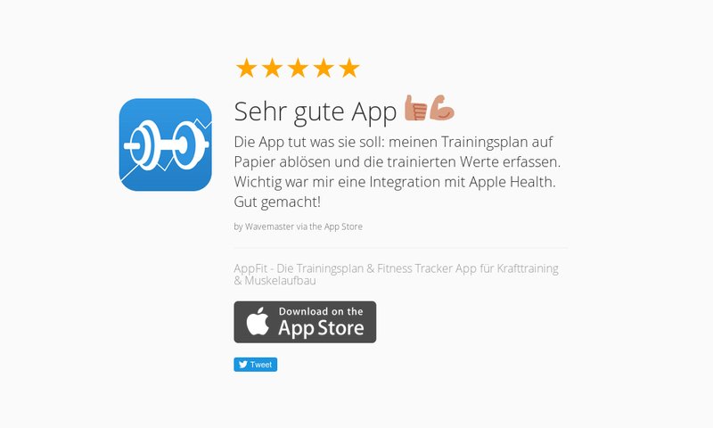 AppFitApp's tweet image. 5 Star Review: "Sehr gute App 👍🏼💪🏼: Die App tut was sie soll: meinen Trainingsplan auf Pap…" launchkit.io/reviews/LrXxz_…