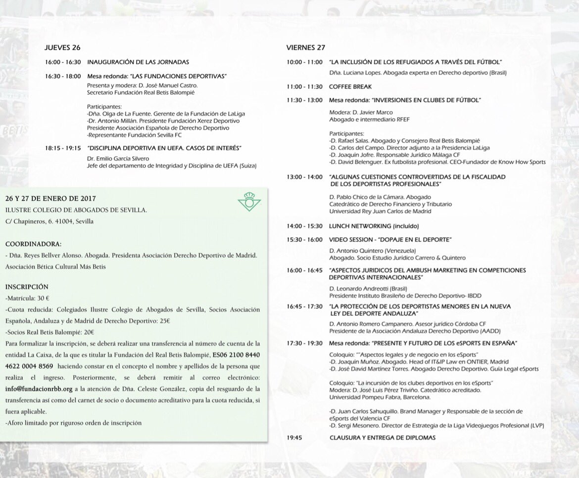 RBetisFundacion's tweet photo. El jueves comenzamos con la Tercera edición de las Jornadas en Derecho del Fútbol. No te lo pierdas 🔝⚽️ @MasBetis https://t.co/8gwU5vMVfa