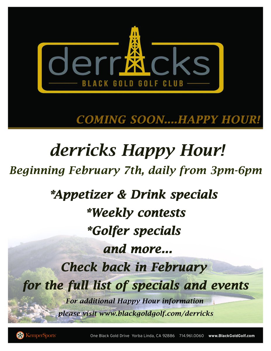 BlackGoldGolf's tweet image. Coming soon...derricks Happy Hour! Food &amp;amp; Drink specials, Golfer specials, Weekly contests + more. Staring February 7th, daily from 3pm-6pm