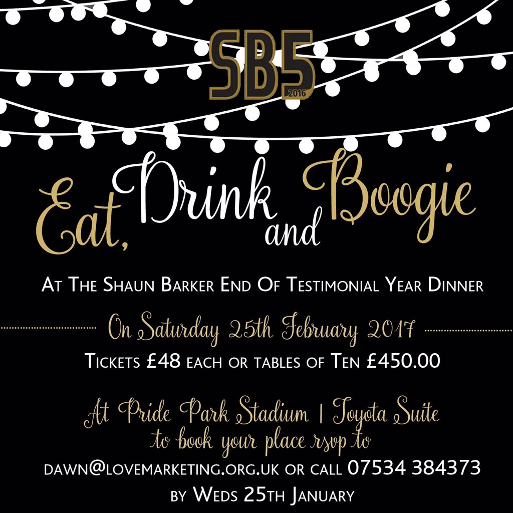 SB5Testimonial's tweet photo. SB5 TESTIMONIAL DINNER:
Saturday 25th February at
Pride Park Stadium 
Contact 
dawn@lovemarketing.org.uk 07534 384373 
for more details #SB5 https://t.co/tQiLViNL1j