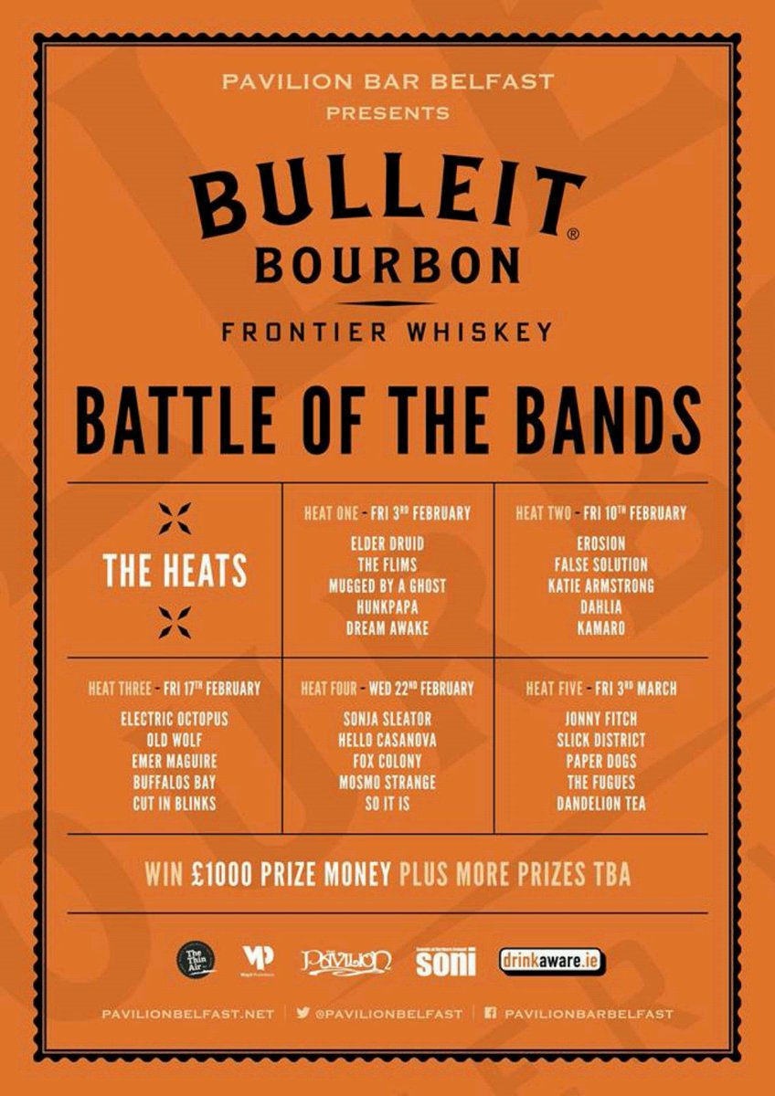 MagillPromoNI's tweet photo. Our 25 bands have been selected for the Bullet Bourbon Battle of the Bands! First heat next Friday 3rd Feb! https://t.co/4WmJEn7FED
