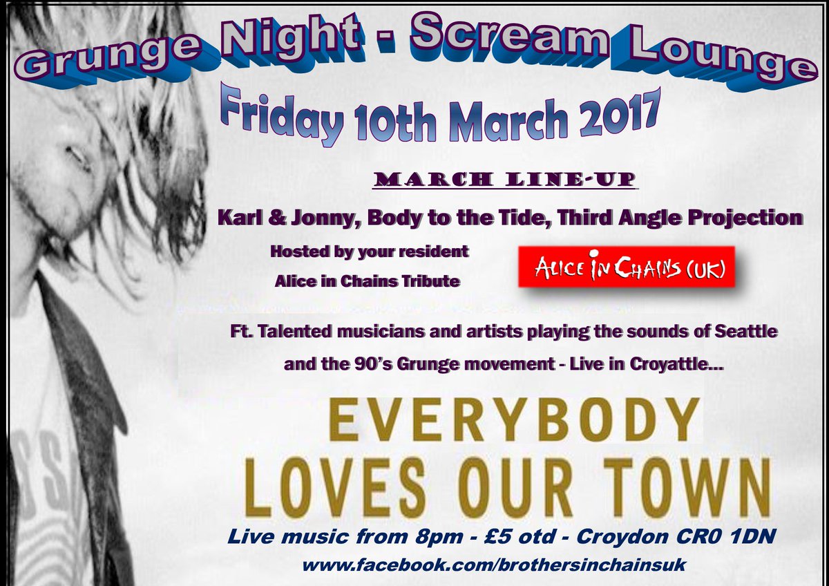 aliceinchainsuk's tweet photo. Awesome line-up @TheGrungeScene 'Everybody Loves Our Town' is back in Croyattle @ScreamloungeCro AICUK headlining #grunge
@thirdanglepro https://t.co/jxfDsNoTu1