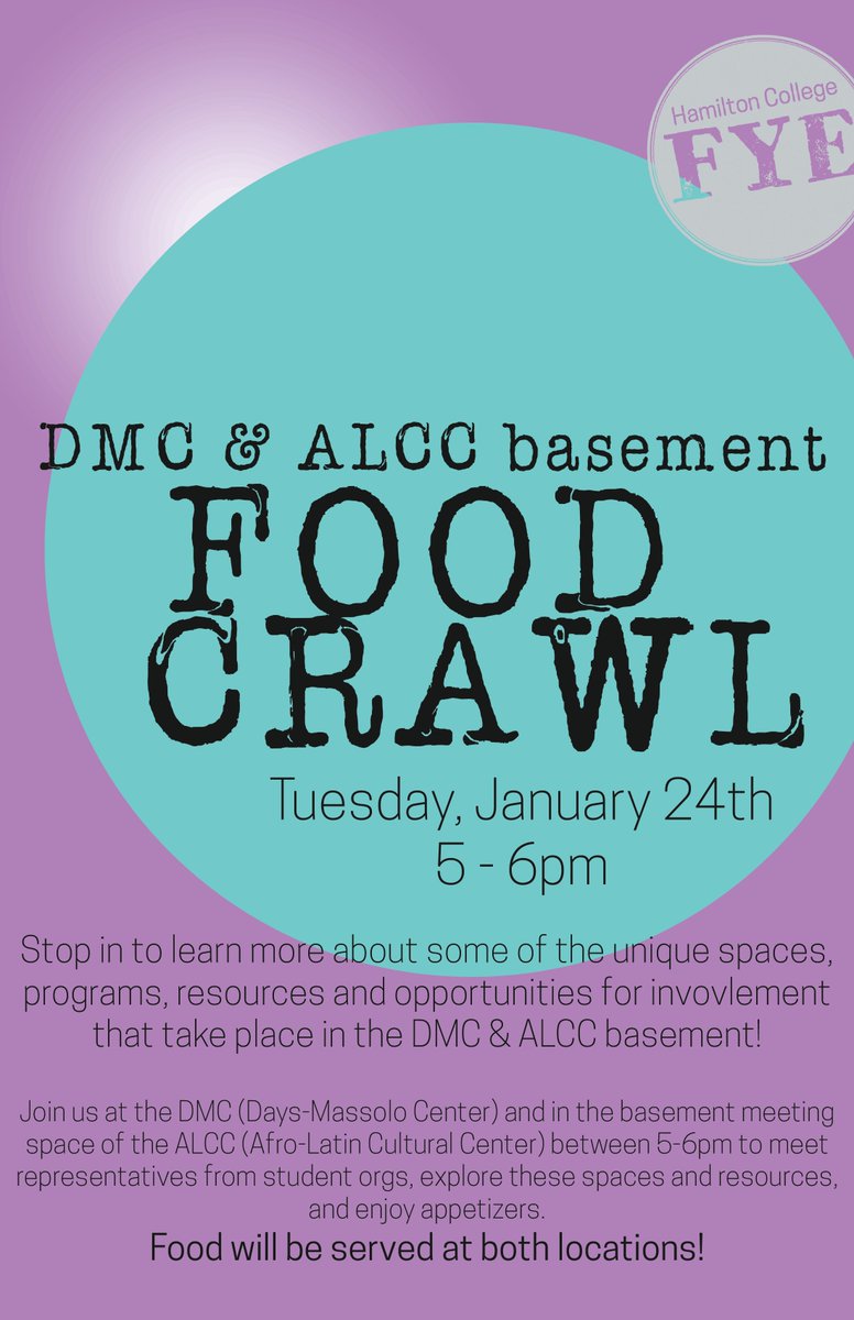 HamFYE's tweet photo. FYE Food Crawl is tonight in the DMC and ALCC basement!  Stop by between 5-6pm for free food and a chance to chat with student leaders! https://t.co/GrfyB9vdpw