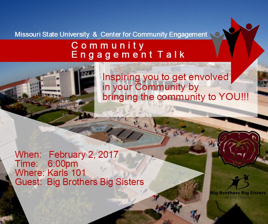 MOStateCCE's tweet photo. Join the CCE and Big Brothers Big Sisters for an awesome talk about community engagement.
#MSU #MSUSERVES #COMMUNITYENGAGEMENT #MSUCCE https://t.co/hTmksyim8N