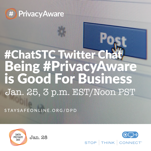 StaySafeOnline's tweet photo. If your biz collects personal info, protect it. Join a #ChatSTC TOMORROW at 3 p.m. EST/noon PST to learn how your org can be #PrivacyAware. https://t.co/U2E7tBo7NG