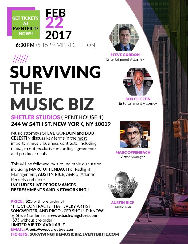 LIVE PERFORMANCE | REFRESHMENTS | NETWORKING
$25 w/pre-order of “THE 11 CONTRACTS THAT EVERY ARTIST...SHOULD KNOW” by <a href="/stevegordonlaw/">Steve Gordon</a>