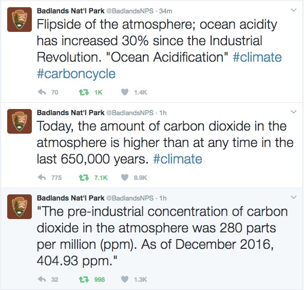 liamstack's tweet photo. Earlier today Trump said environmentalism had gone too far. Now @BadlandsNPS is tweeting out climate change facts. https://t.co/4uomKE0dQc